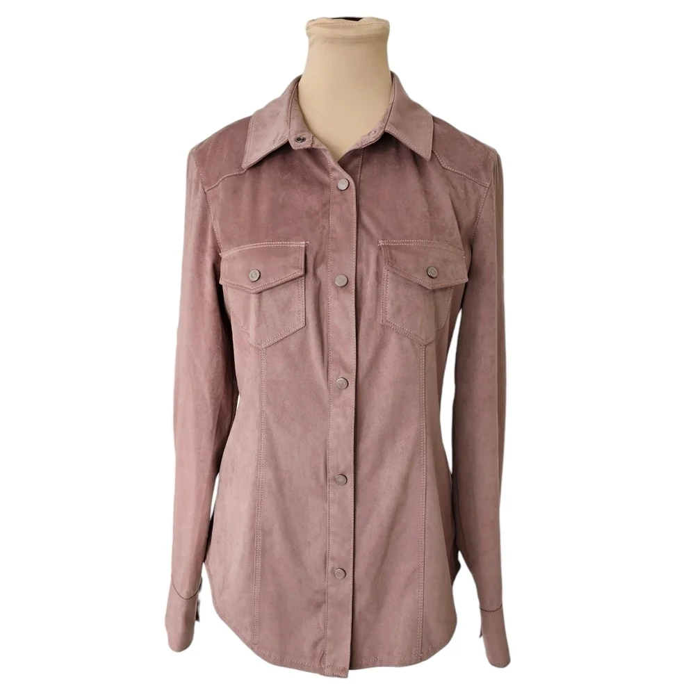 Guess Women's Mauve Pink Faux Suede Button-Up Shirt Sz M - Picture 3 of 12